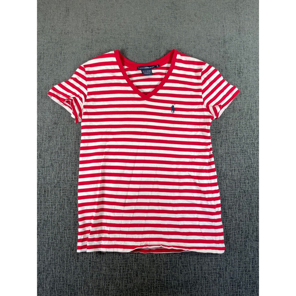 Ralph Lauren Sport Womens Red White Striped V-Neck T-Shirt Size M Short Sleeve